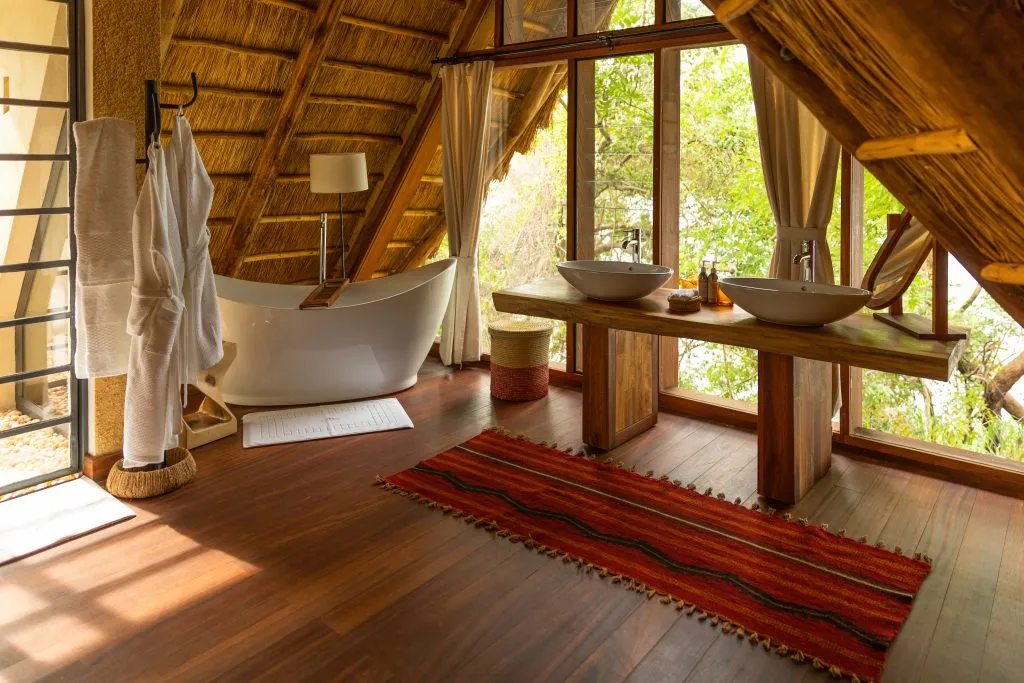 Bathroom in a luxury lodge, Murchison Falls, Uganda.