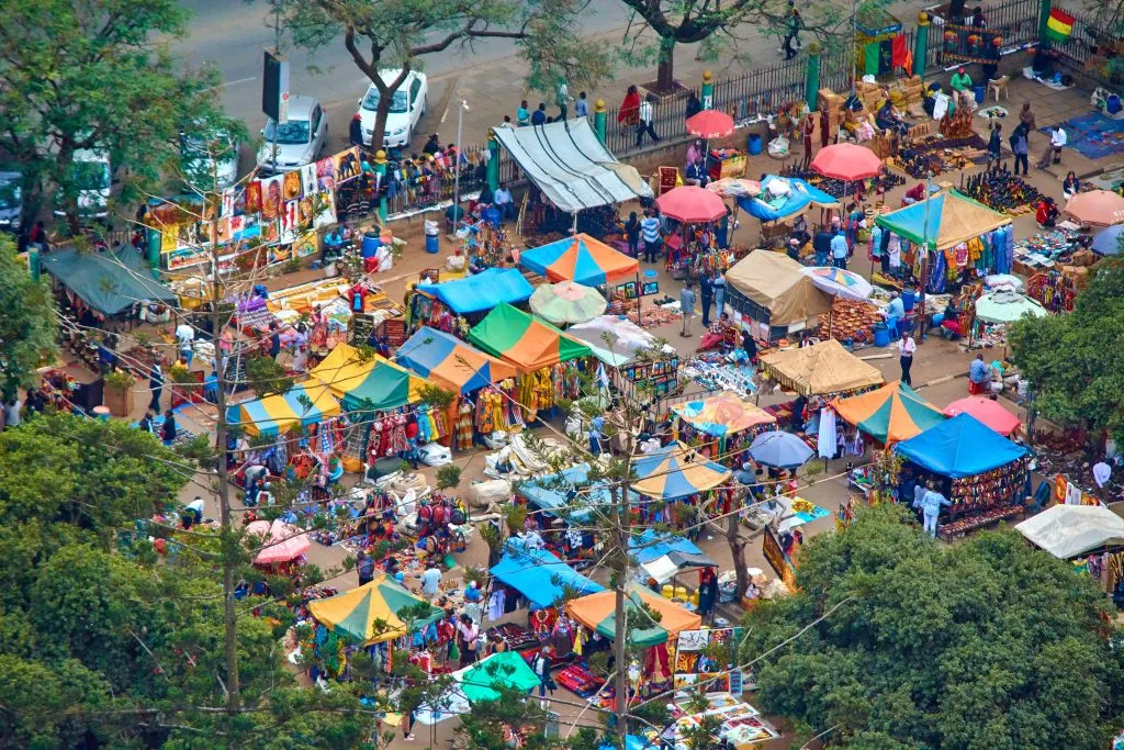 Street Market in Nairobi streets from the top of the Kenyatta International Convention Centre.